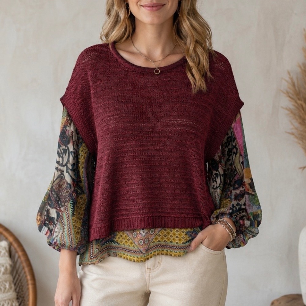 John Mark XL Pullover Print Velvet Sleeves Lagenlook Mixed Artsy Knit Sweater